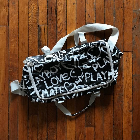 Playboy Black White Leather Pink Graffiti Playmate Love Bunny Logo Duffel Bag - Picture 2 of 4